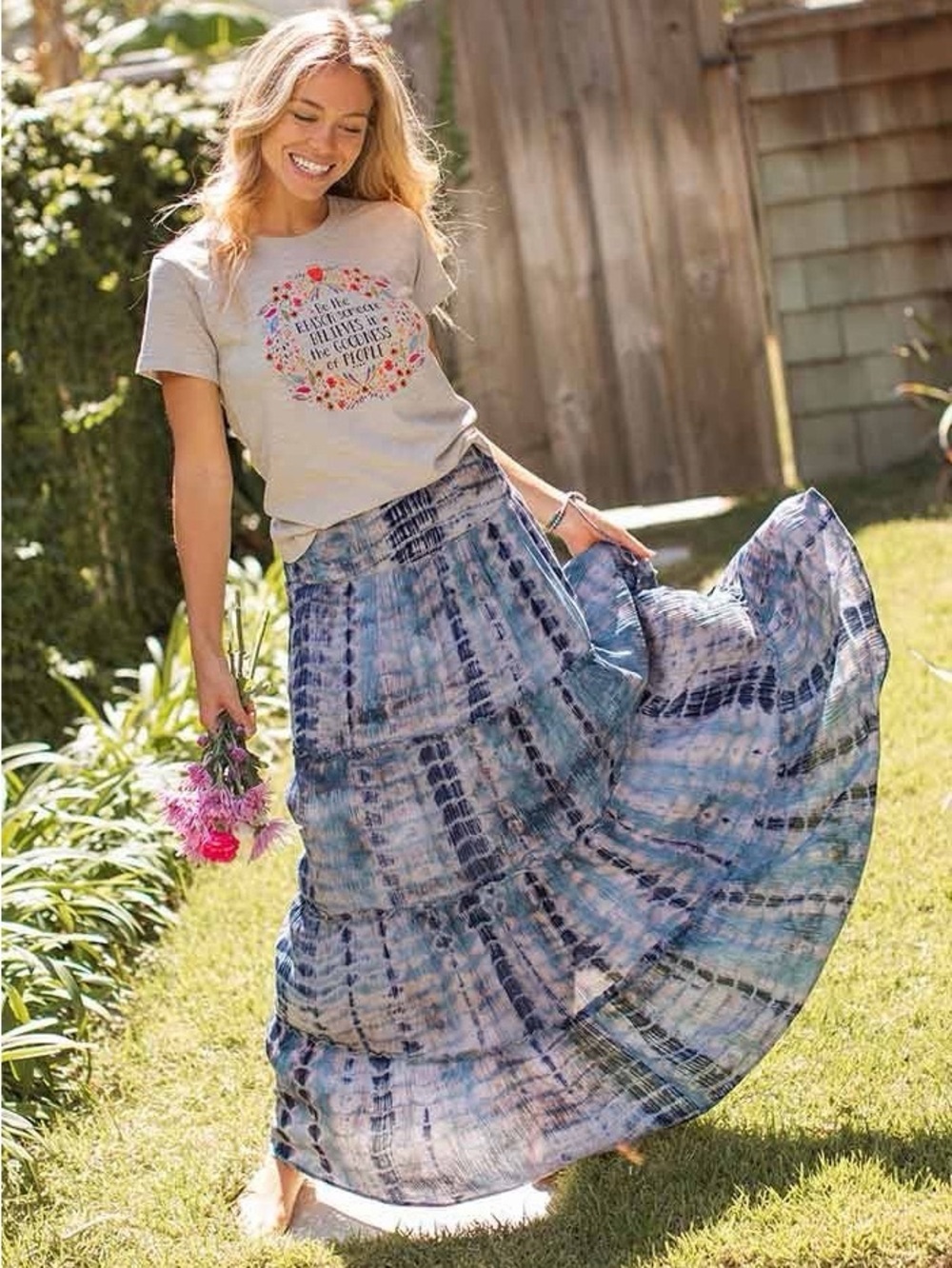 Natural Life XL Blue Cream Tie Dye Tiered Maxi Skirt Rayon Boho Smocked Waist